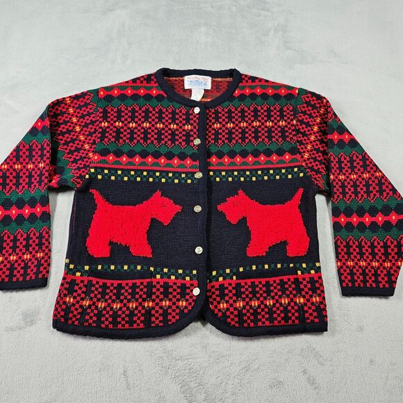 Vtg Tally Ho Scottie Dog Cardigan Womens Large Sweater Scottish Creation Pollak - Picture 1 of 13
